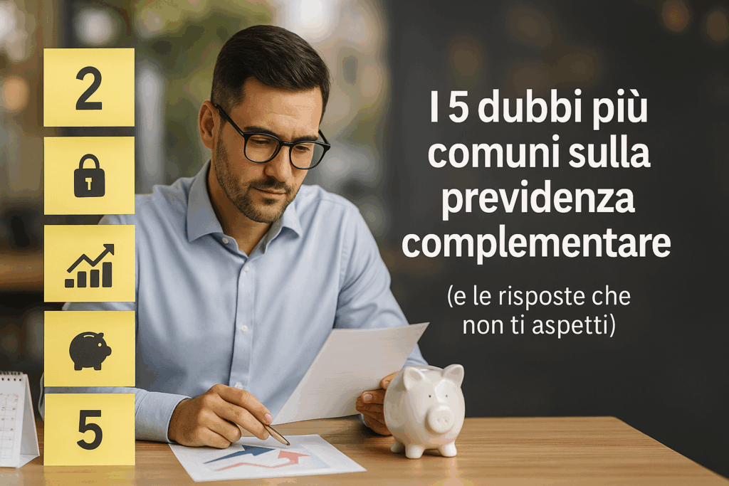 Consulente legge un documento con salvadanaio e note: i 5 dubbi sulla previdenza complementare