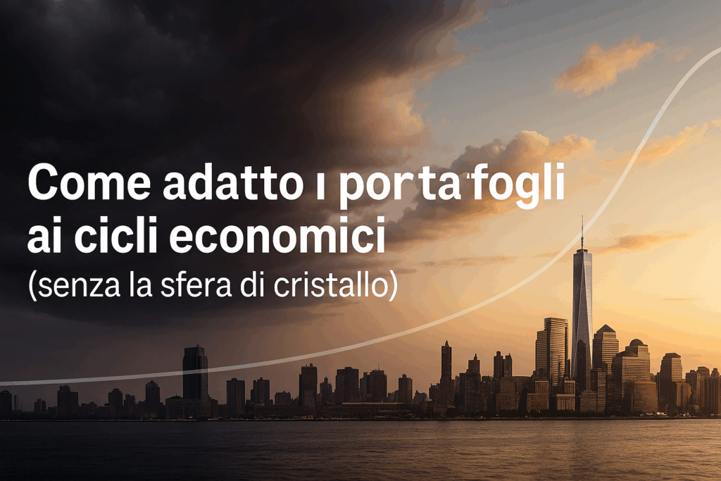 Cielo diviso tra tempesta e sereno su skyline; titolo “Come adatto i portafogli ai cicli economici