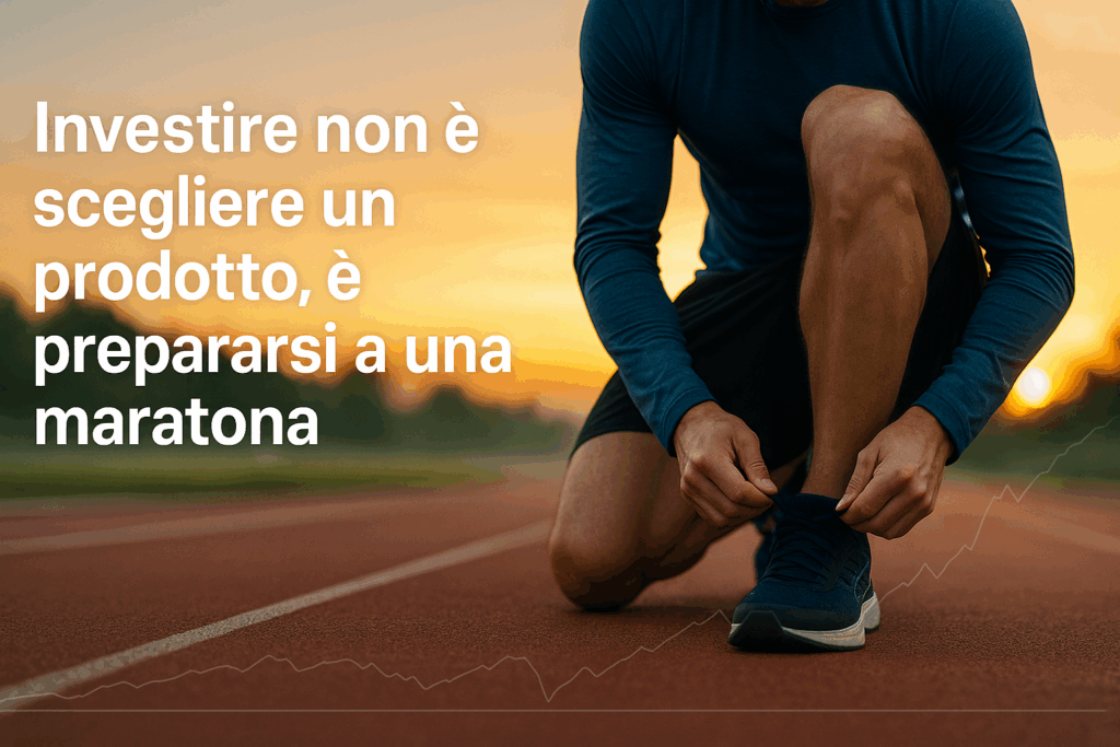 Runner allaccia le scarpe su pista all’alba: investire è una maratona, non un prodotto
