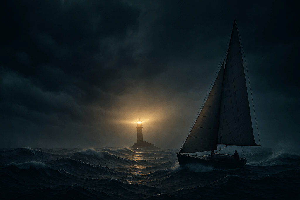 Barca a vela affronta una tempesta verso un faro: restare a bordo nei mercati turbolenti