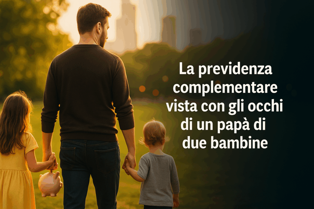 Papà mano nella mano con due bambine al parco al tramonto, simbolo di previdenza complementare e futuro della famiglia