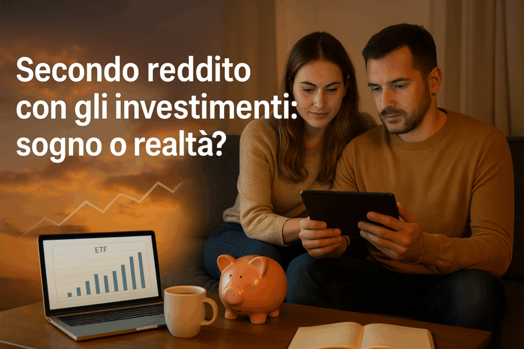Laptop con grafico ETF e salvadanaio, coppia che valuta come generare un secondo reddito