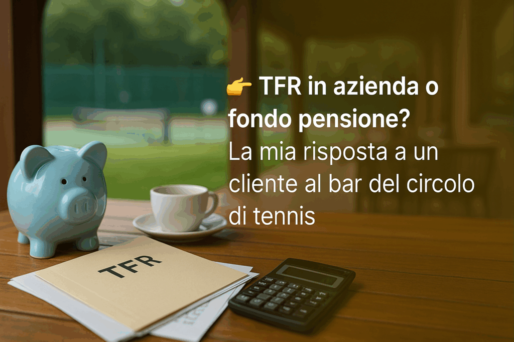 Salvadanaio, cartellina TFR e calcolatrice su tavolo al bar del circolo di tennis: scelta tra TFR in azienda o fondo pensione